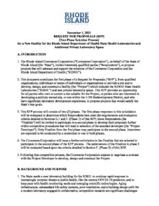 Request for Proposals Rhode Island Department of Health State Health Laboratories and Additional Private Lab Space 515 pm pdf