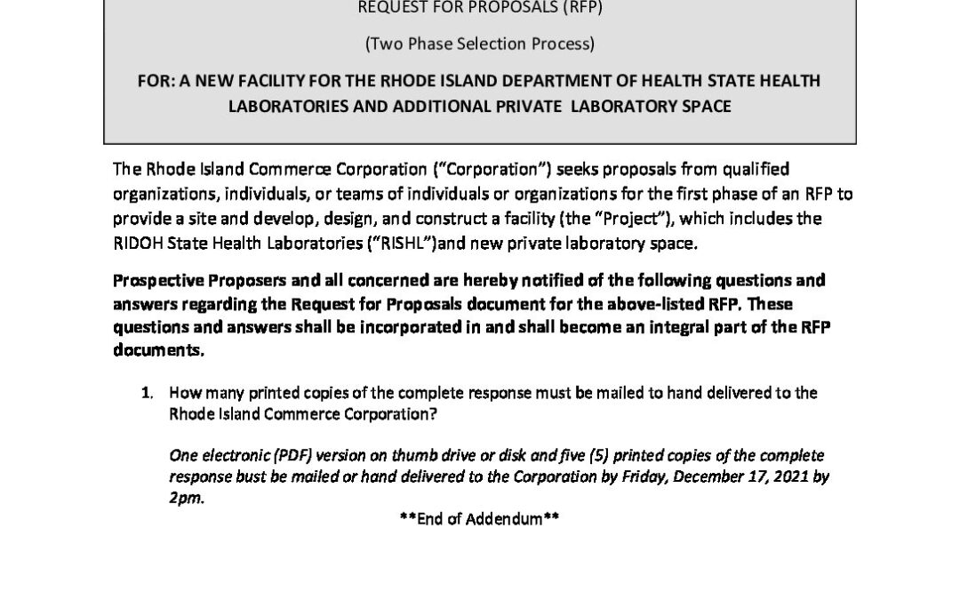 Addendum 4 RFP for New Facility for the RI Department of Health State Laboratories and Additional Private Laboratory Space